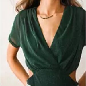 Privy Dark Green Sparkle Mesh Cut-Out Bodysuit